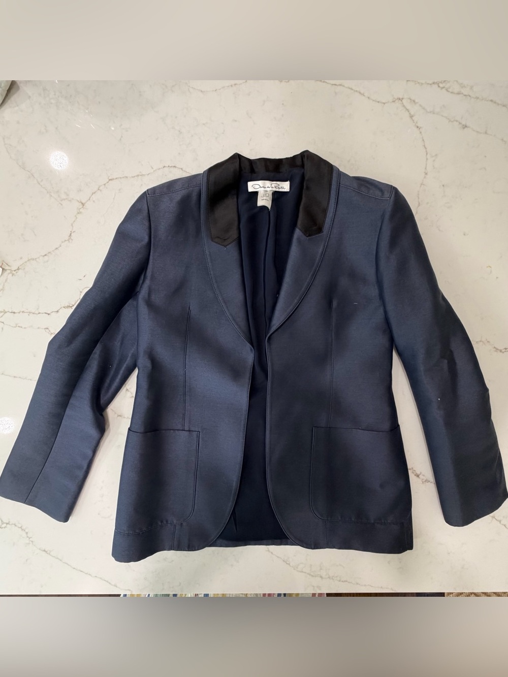 Oscar de la Renta Mainline Silk Navy Tuxedo Blazer Made Italy Size 8